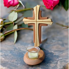 Tea Light Holder with Cross Beechwood in Modern Style