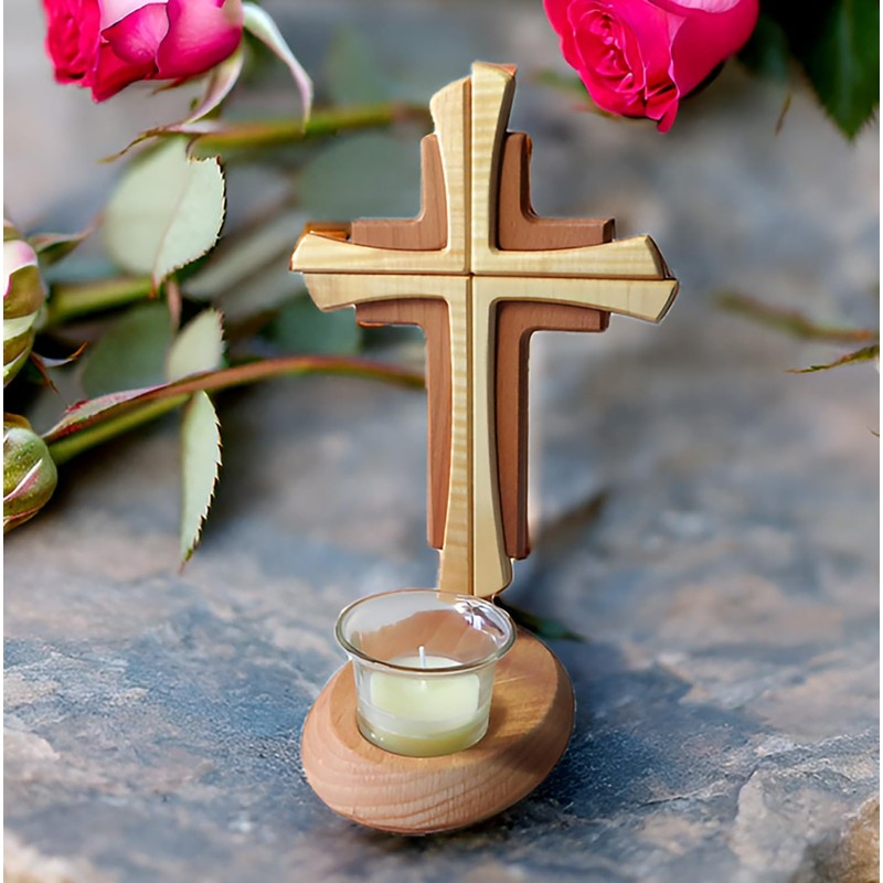 Tea Light Holder with Cross Beechwood in Modern Style