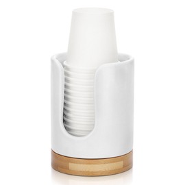 Soleebee Ceramic Bathroom Cup Dispenser, Hold 3 oz Mouthwash Cup Disposable Paper Holder Small Cup Dispenser Bamboo Base Cup Holder (White)