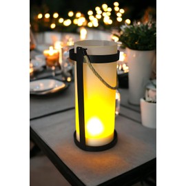 Solar Lantern Glass Lantern with Metal Housing Table Lamp for Outdoor Use, Black, Hanging / Standing, 30.5 cm High, 14 cm Diameter, with Flame Effect, Weatherproof, Garden Decoration Outdoor