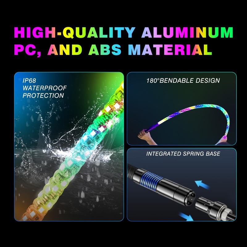 Autmens 2PCS-1FT Whip Lights with Remote Control,Spiral RGB Led Whip