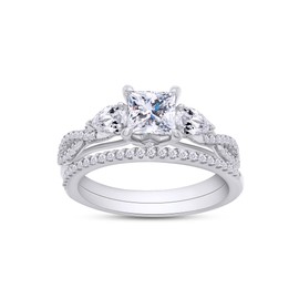 Wishrocks 1 2/5 CT 5MM Princess & Pear Cut Lab Created Moissanite Infinity 3-Stone Bridal Set Engagement Wedding Bands Rings In 14K White Gold Plated Sterling Silver(VVS1 Clarity)-6