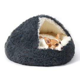KITTYWOO Dog Bed Round Hooded Plush Cat Cave Self Warming Pet Bed Donut Anti Anxiety Fluffy Pet Bed for Puppy and Kitty