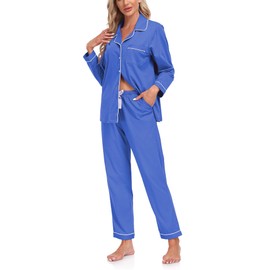 COLORFULLEAF Women's 100% Cotton Long Sleeve Pajama Sets Button Down Notched Collar Sleepwear Soft Lounge Pjs with Pockets, Blue, X-Large