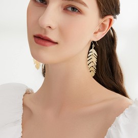 Chic Floating Feathers Dangle Earrings Long Hanging Metal Link Leaf Drops for Women Bohemian Lightweight Layered Dangling Leaves (Gold)