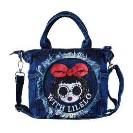 DIVA Rose Women's Shoulder Bag, Mini 2-Way Bag, Small, Cross-body Design, Lightweight, Lightweight, Handbag, Tote Bag, Denim, 4. Big Ribbon Girl: Indigo Blue