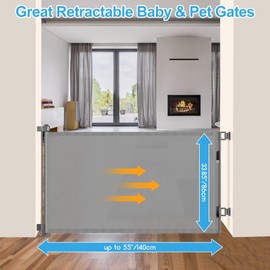55 inch Retractable Baby Gates, EZIGO Extra Wide Baby Gate for Large Opening Extra Long Mesh Gate for Kids or Pet Dog Gate Child Safety Gate for Stairs Hallways Doorway Indoor Outdoor, Gray
