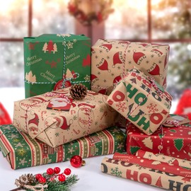 Christmas Wrapping Paper 6 Sheets Kraft Paper Gift Wrap Christmas Paper Set with Tags and Paper Ropes for Gifts Party Decoration