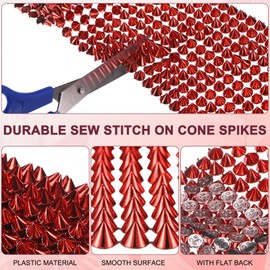 M METERXITY 0.5 Yard Sew Stitch on Spikes Stud Cone 12Rows Plastic Bright Red Spike Rivet with Flat Back Punk Rock Trim Mesh Bead for DIY Crafts/Clothes/Shoes/Bags