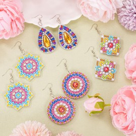 JSRQT 4 Pairs Diamond Art Painting Earrings, Set with 5D Diamond Earrings, Double-Sided DIY Painting Earrings, Vintage Earring Making Set, Boho Earrings for Women Girls