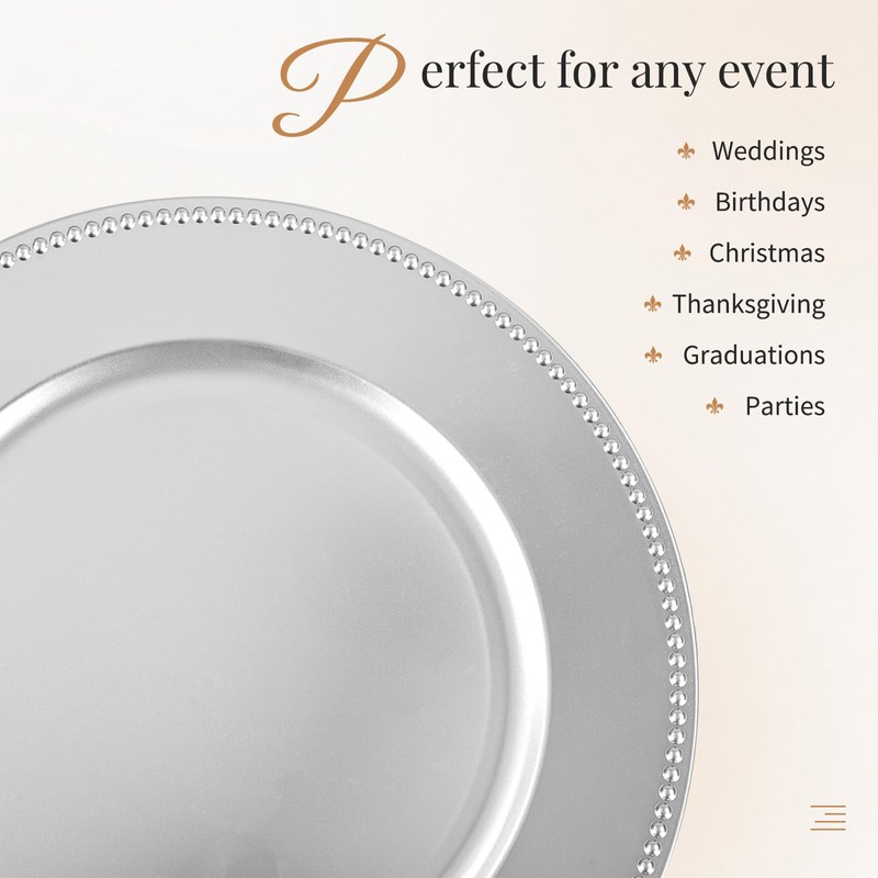 50 Pcs Silver Charger Plates Bulk,13 inch Round Beaded Plate