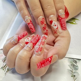 CECOBAG 24 Pcs Red Long Pressed Nails, Santa Claus Pattern Acrylic Pressed Gel, Ballerina Manicure False Nails，Perfect for for Women and Girls Wear