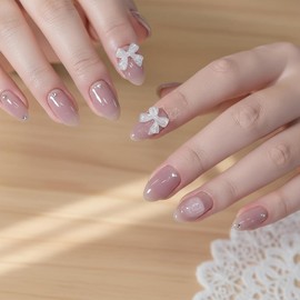 LEVGAL Nail Tips, Short, Nude Pink, 24 Pieces, Fake Nails, Short, White Ribbon, 3D Heart, Fake Nails, Popular Nails, Japanese Style, Cute, Stylish, Simple, Double-Sided Tape Included, Coming-of-Age Ceremonies, Weddings, School Entrance Ceremonies, Gradua