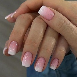 24Pcs Ombre False Nails - Medium Square Press on Nails - Gradient Fake nails with Glue - Pink White Stick on Nails - Square Nail Tips and Glue for Women DIY Summer Nail Art Home