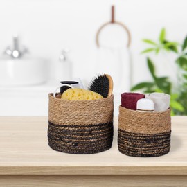Relaxdays Storage Basket, Set of 3, Seagrass, 3 Sizes, Bathroom, Living Room, Decoration, Round Utensil Baskets, Natural/Black