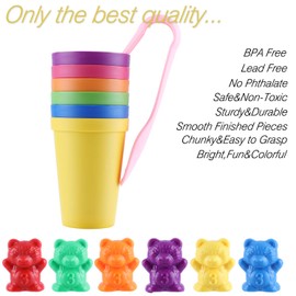 DesignerBox Rainbow Counting Bears Set - 71 Pcs, Colorful Bear Counters with Matching Sorting Cups Dices and Tweezers Math Skills Games Educational Montessori Color Sorting Toys