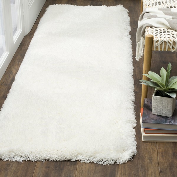 Safavieh Polar Shag Collection PSG800B Solid Glam 3-inch Extra Thick Runner, 2'3" x 8' , White