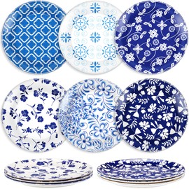 Sunnychicc 12 Pcs Melamine Platter 8 Inch Blue and White Plates Imitation Ceramic Serving Platter for Salad Dessert Sushi Appetizer, Microwave and Dishwasher Safe (Round,Retro Style)