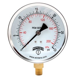 Winters 4 inch Dial Size, Multi Function Economy Utility Dry Pressure Gauge, Brass Internals, Steel Case, Dual Scale 0-30 psi/kPa, 3-2-3% Accuracy, 1/4 inch NPT Bottom, Glass Lens, Pressure Gauge