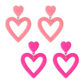 2 Pairs Heart Earrings, Heart Dangle Earrings for Women, Acrylic Double Hearts Drop Earring for Gifts (Hot Pink, Rose Red)