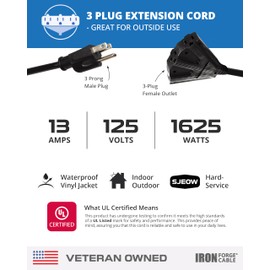 Iron Forge Cable SJEOW 3 Outlet Black Outdoor Coiled Extension Cord 20 ft 3 Way, 16/3, 13 Amp Oil Resistant & Flame Retardant 3 Prong Coiled Wire for Outdoor & Indoor