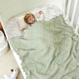 Hadetoto Knit Baby Blankets for Girls Boys, 100% Cotton Crib Blanket for Baby Infant Toddler, Super Soft and Lightweight Nursery Blankets (Sage Green)