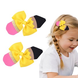 Back to School Bows Clips for Girls Yellow Pencil Hair Clips Bow Glitter First Day of School Hair Accessories for Toddler Kindergarten Students Bowknot Hair Barrette Hairpin for Girls 2 PCS