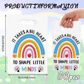 Whaline 50Pcs Teacher Appreciation Party Favor Bags Pencil Rainbow Treat Bags with Handles Plastic Candy Goodie Bags for Teachers' Day Back to School Party Favors Supplies