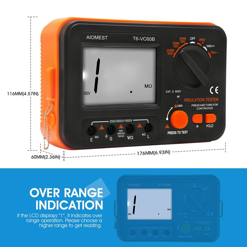 AIOMEST Digital Megohmmeter Megaohm Meter with 250V/500V/1000V Test Voltage Testing