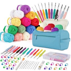 YINVA Crochet Kits for Beginners Adults,Crochet Yarn 15Pcsx25g,12Pcs Ergonomic Metal Crochet Hooks 2mm-8mm with Accessories Tools Knitting Kit Storage Case Crochet Starter Kit-Light Blue