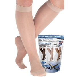Made in USA Women Sheer Compression Socks for Travel – 20-30 mmHg Support for Flights, Swelling & Circulation Stockings, Nude, Medium