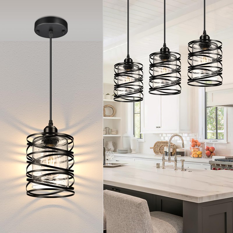 Glitnous Pendant Lights Kitchen Island 3 Pack, Black Hanging Kitchen