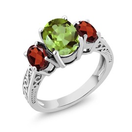 Gem Stone King 2.45 Cttw Green Peridot and Red Garnet 3 Stone Ring For Women | 925 Sterling Silver | Gemstone Birthstone | Available In Size 5,6,7,8,9