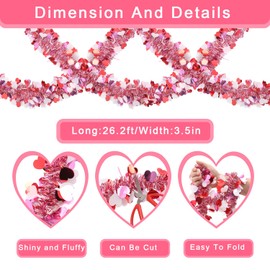 26.2 Ft Valentine's Day Tinsel Garland Decorations, Red Cream Light Pink Heart Tinsel Twisted Hanging Garland for Wedding Engagement Bachelor Party, Shiny Tinsel Garland Fringe Valentines Day Decor