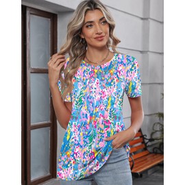 TCOT Womens T Shirts Summer Short Sleeve Crew Neck Tunic Tops to Wear with Leggings Pink Blue Cute Clothes L