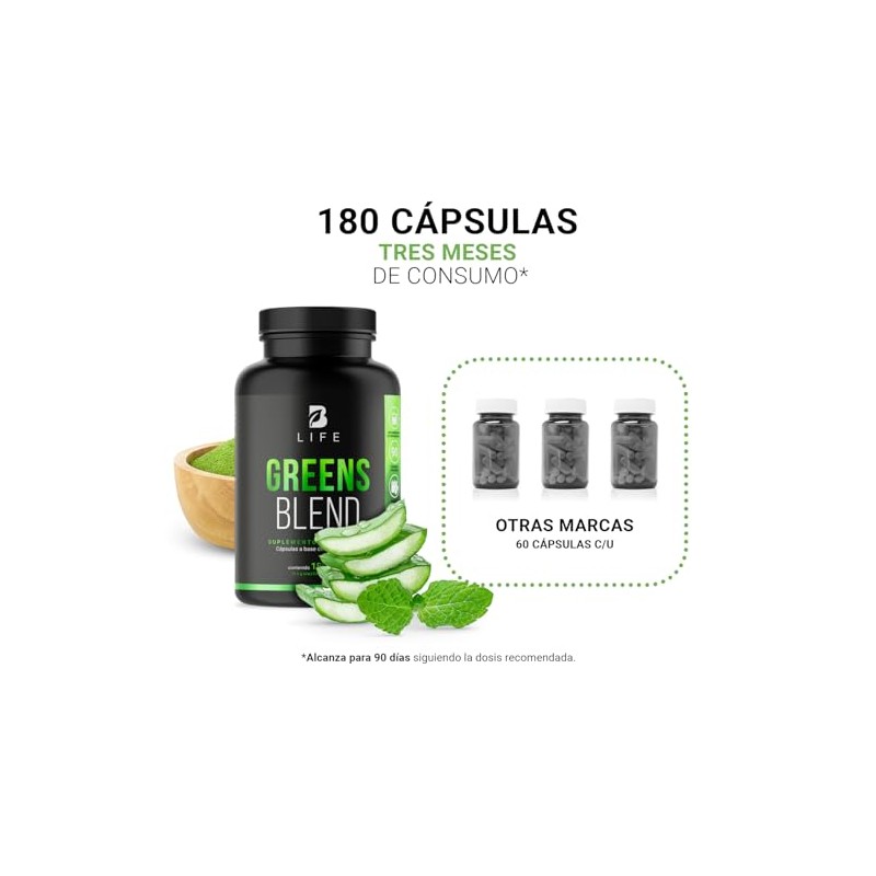 Greens Blend 180 Cápsulas Ingredientes Naturales Espirulina Moringa Weathgrass Clorela