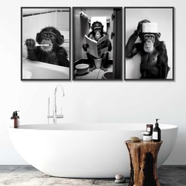 3Pcs Bathroom Orangutan Canvas Wall Art Cute Monkey Bathroom Wall Decor Funny Black and white Animal Painting Print Artwork Toilet Maximalist Pictures 12x16in