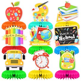 9 Pieces Back to School Honeycomb Centerpieces – Colorful School Apple School Bus Backpack Chalkboard Table Decorations for Classroom First Day of School Party Supplies