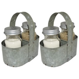 Farmhouse Salt and Pepper Shakers with Caddy Set - Rustic Vintage Style - Galvanized Steel - 3 Piece Set by SciencePurchase (2 Pack)