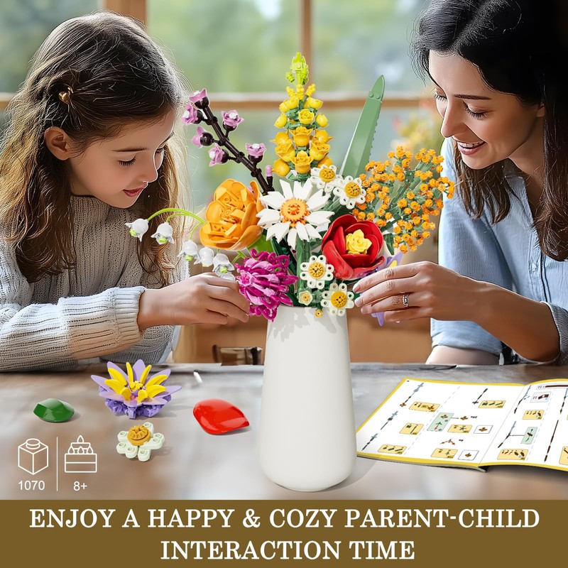 Flower Building Blocks Set for Adults, 1070 Pieces Bouquet, Artificial