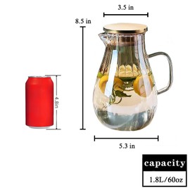 Glass Pitcher With Lid Amber Round Water Carafe with handle and Spout for Homemade Beverage, Juice,Hot Coffee, Iced Tea and Milk （62oz）