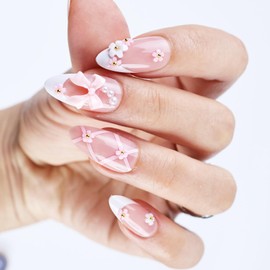 Yazikisa French Tips Press on Nails Almond Stick on Fake Nail Oval False Glue on Fingernails Charms Bow Acrylic Artificial Manicure Glossy Y2K Full Cover Women Girls 24 Pcs