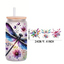 4pcs Sparkly Dragonfly Flower UV DTF Cup Wraps Transfer Waterproof Sticker for Glass Cups Furniture Craft DIY Crafts，Rub on Transfer Stickers for DIY Water Bottle Laptop Decal Wood Car