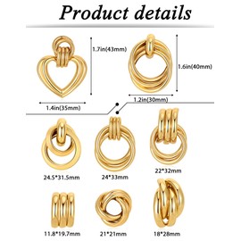 Ofeiyaa 8 Pairs Gold Knot Earrings for Women Chunky Statement Heart Geometric Drop Dangle Hoop Earrings Lightweight Long Link Earring Studs Jewelry Gifts
