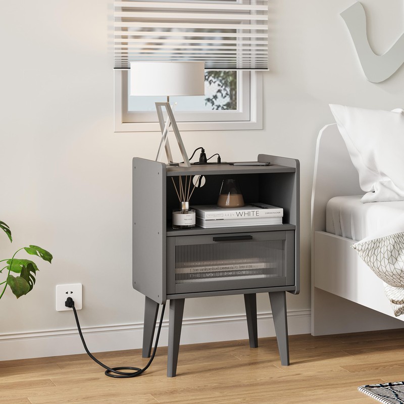 MMEOLUOOK Nightstand with Charging Station, Bedside Tables Grey End Table