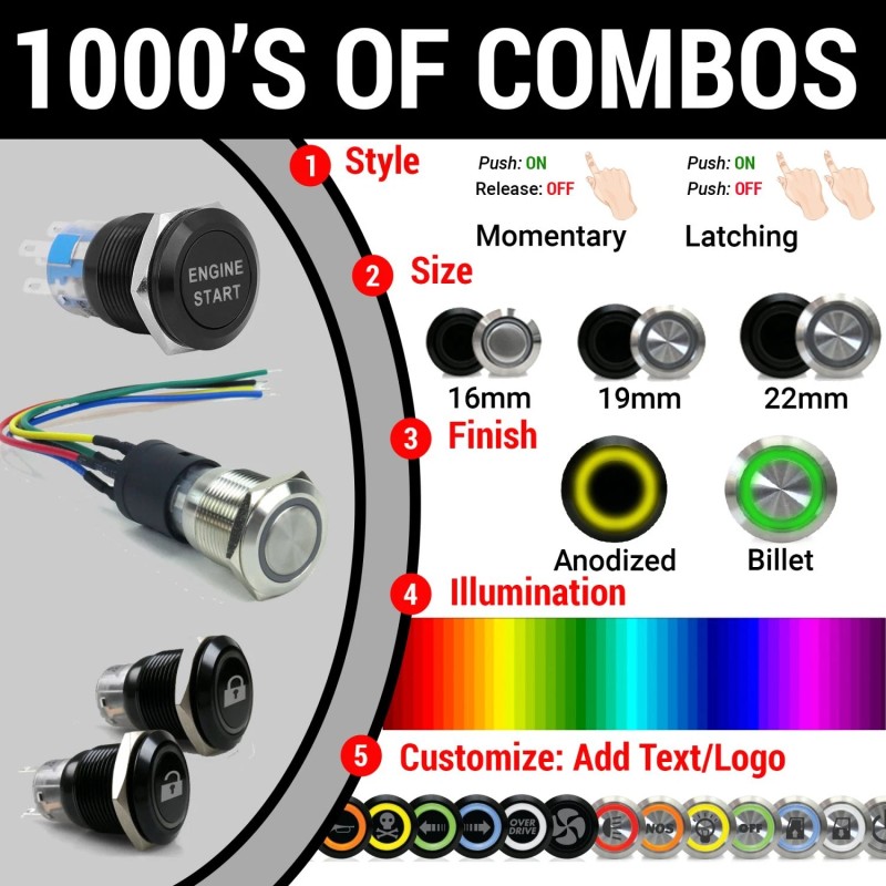 AutoLöc Power Accessories 22mm Billet 12V Momentary Push Button Switch