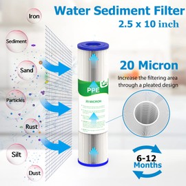 VEGEBE 20 Micron Water Filter 10" x 2.5", 10-inch Whole House Sediment Pre-Filters for Well & Tap water, Replacement Cartridge for FXWPC, EQ-PFC35, ECP5-10, S1, 3WH-STDPL-F02, SPC-25-1005, 6-Pack