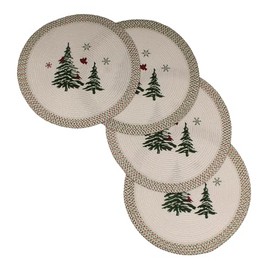 Christmas Printed Woven Braided Table Placemats 15 Inches Round Set of 4 Non-Slip Dining & Kitchen Table Mats Xmas Tree