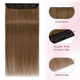 S-noilite 1 Piece Clip in Human Hair Extensions 5 Clips 3/4 Full Head Clip on Remy Hair Extension For Women Lighter One-Piece Design Adding Hair Volume 16Inch 45g Light Brown