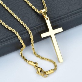 Q&S Jewels Gold Cross Pendant Necklace 2MM Diamond Cut Mens Rope Chain Stainless Steel 18K Gold Plated Fashion Jewlery for Men Women 22 Inch